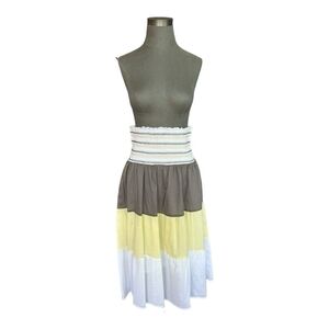 Women’s Skirt Color Block Grey Yellow White Cotton Ruffled Pull On Midi Skirt